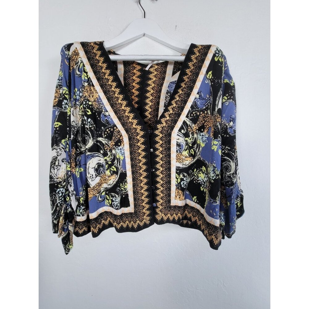 Free people Womens Printed Button-Front Kimono Cardigan Sweater Large Black Boho